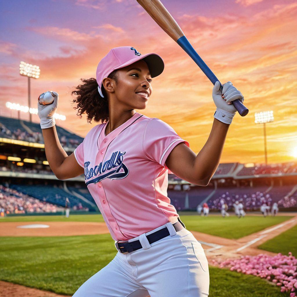 A powerful female baseball player striking a pose with a bat, surrounded by blooming flowers and sparkling diamonds, celebrating femininity in a vibrant stadium filled with cheering fans. Soft pastel colors intertwine with the bright colors of the baseball gear, emphasizing strength and grace. The background features a golden sunset casting a warm glow, symbolizing empowerment and joy. super-realistic. vibrant colors. digital painting.
