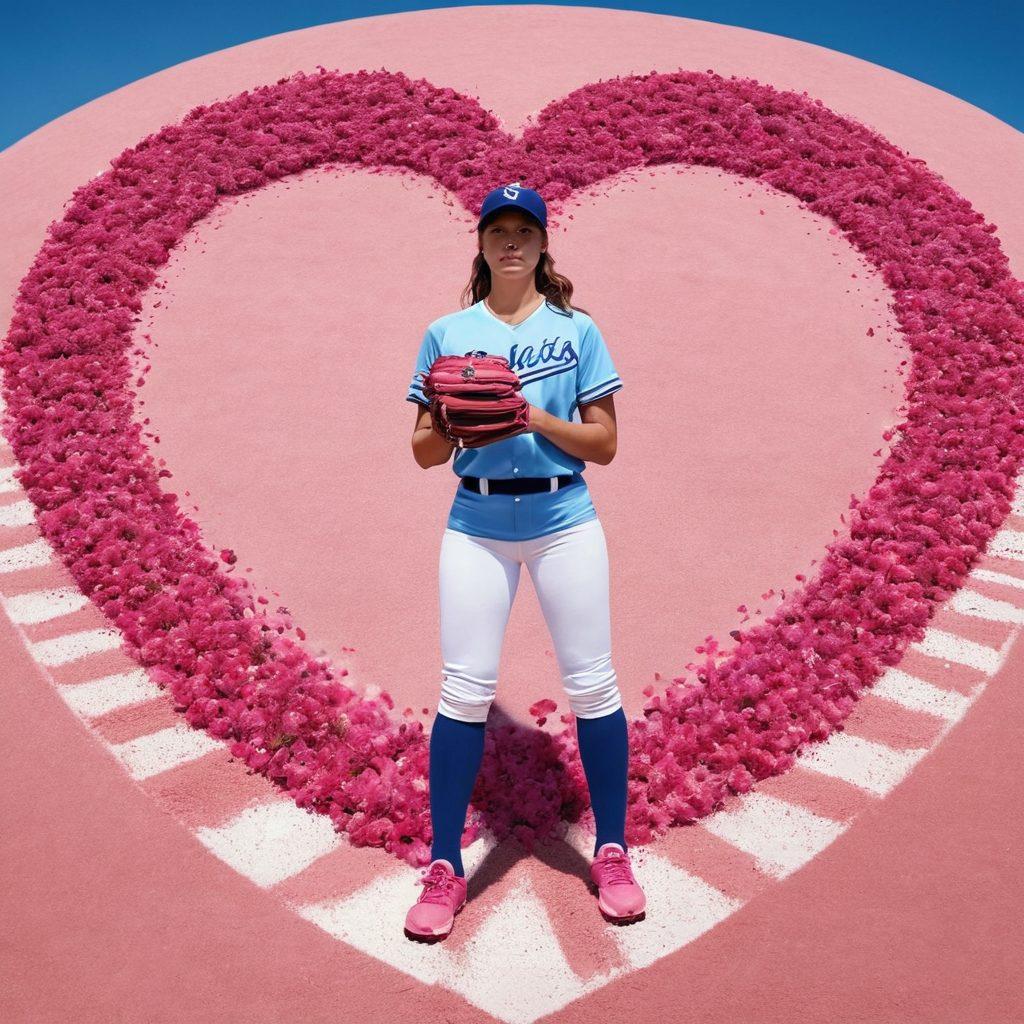A powerful montage of a female baseball player on the pitching mound, with elements of femininity like a heart-shaped ball and floral patterns surrounding her. The backdrop features a blurred baseball stadium filled with cheering fans, symbolizing the intersection of sports and female identity. Include a soft color palette blending shades of pink and blue to evoke emotion and strength. ultra-realistic. vibrant colors. dynamic composition.