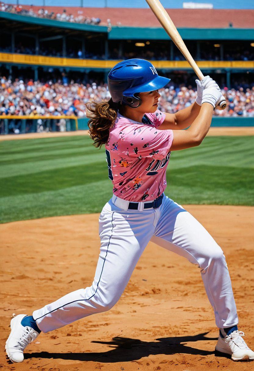 A dynamic scene capturing a female baseball player in a powerful batting stance, set against a backdrop of cheering fans. Use bright colors to emphasize the energy of the game and infuse elements of feminine culture like floral patterns on the baseball bat and sentimental quotes in the crowd. Distant views of diverse women enjoying baseball, adding layers of intersectionality. Illustrate the spirit of teamwork, strength, and feminine empowerment. vibrant colors. super-realistic. energetic composition.
